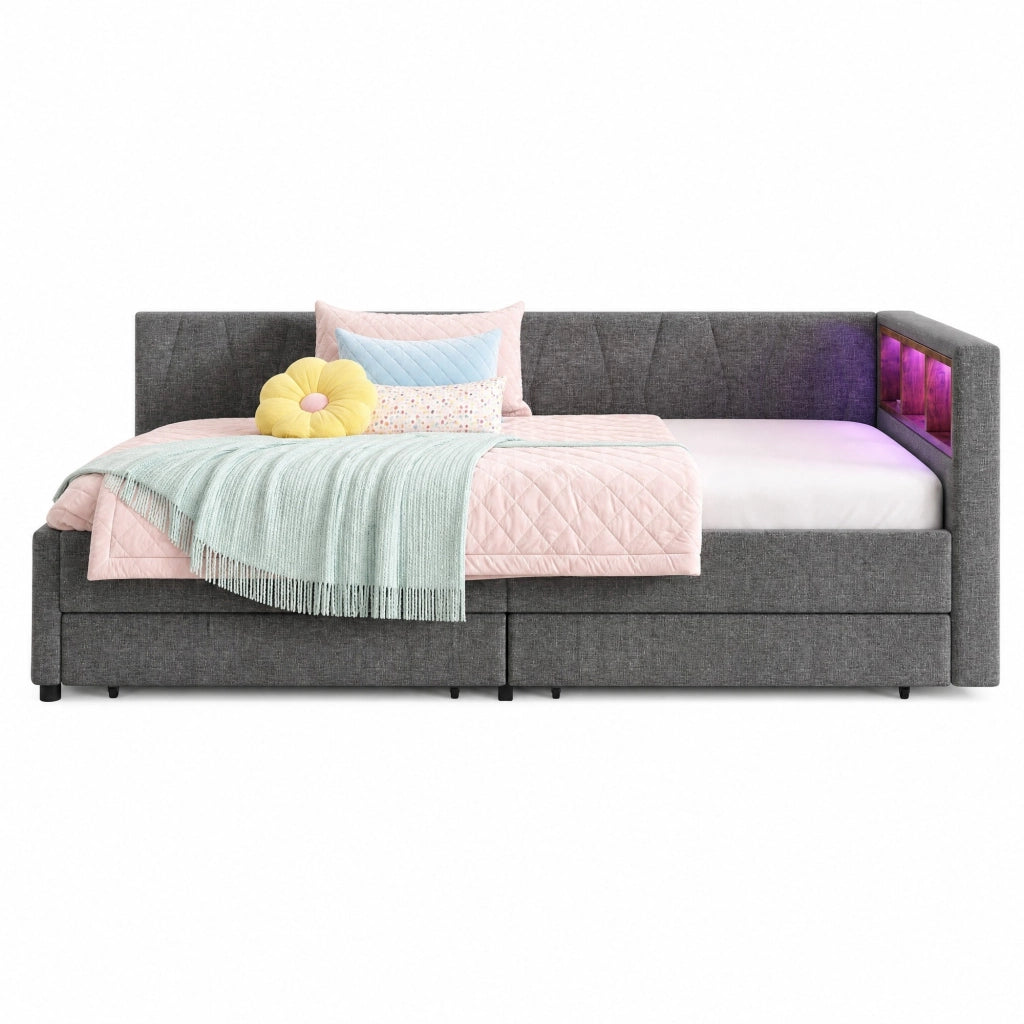 Letto singolo a divano 90 × 200 cm con rete a doghe in lino e MDF grigio con cassetti e LED