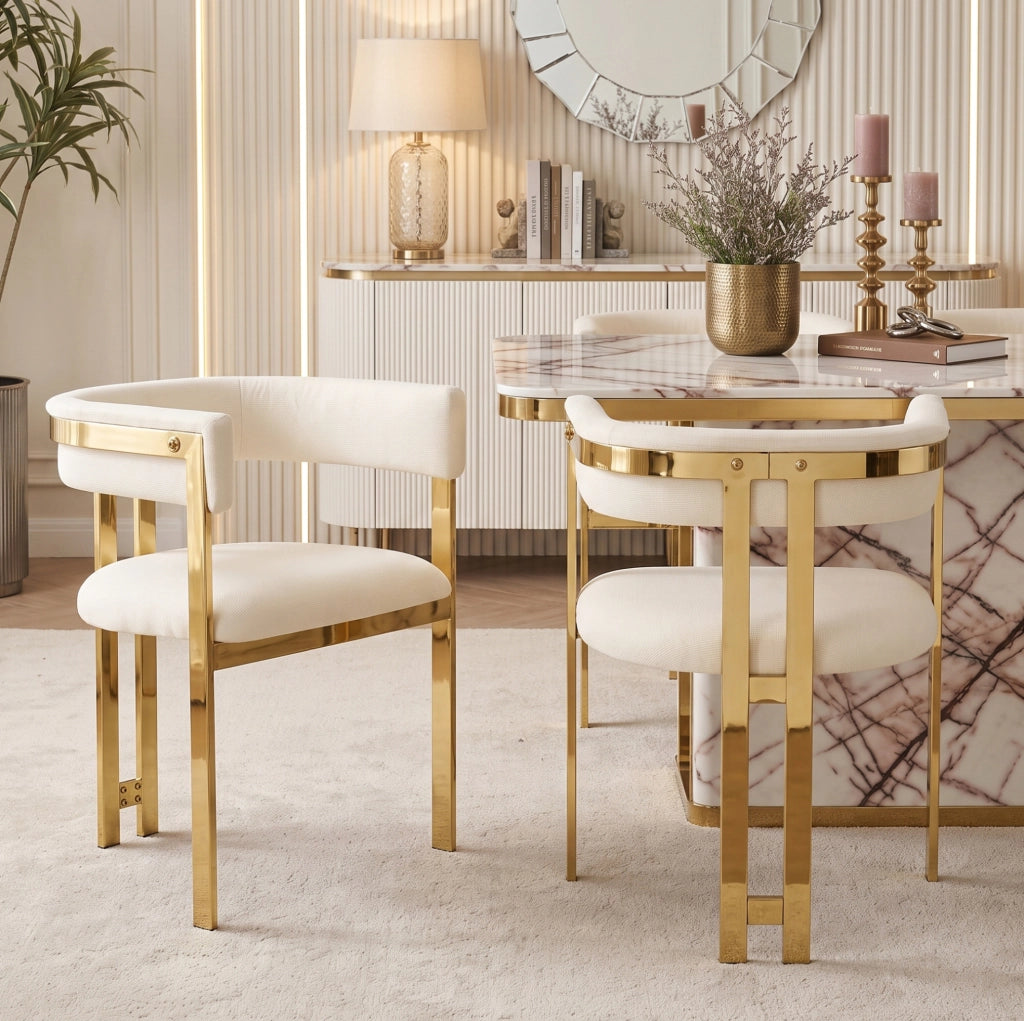 2 sedie da pranzo in chenille beige e oro, schienale semicircolare, struttura in metallo, set da 2