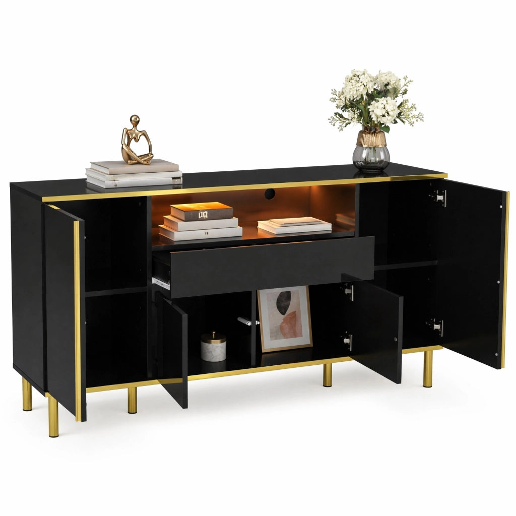 Sideboard nero lucido con LED; 150x40x80 cm; in MDF e truciolare