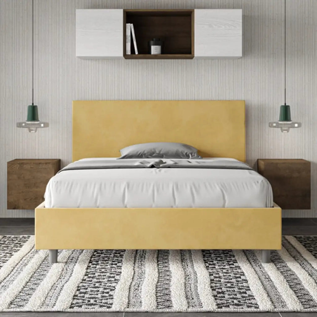 Letto matrimoniale francese senza rete imbottito 140x200 microfibra ocra Adele