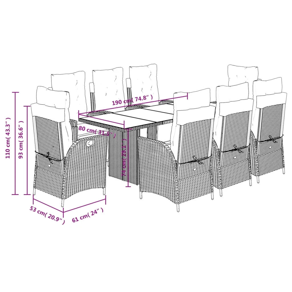 Set da Pranzo da Giardino 9 pz con Cuscini in Polyrattan Grigio 3213357