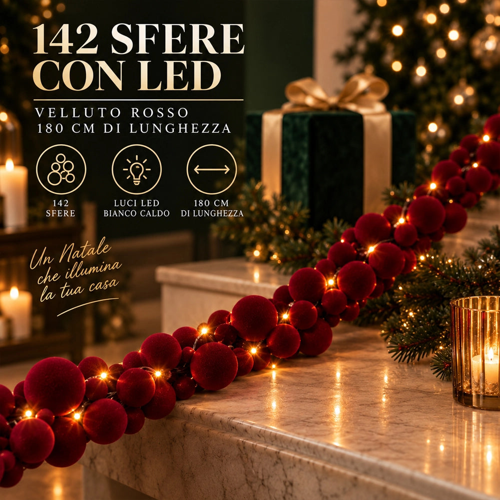 Ghirlanda Natalizia Festone 180cm 142 Sfere e Led Addobbo Natale Velluto Rosso