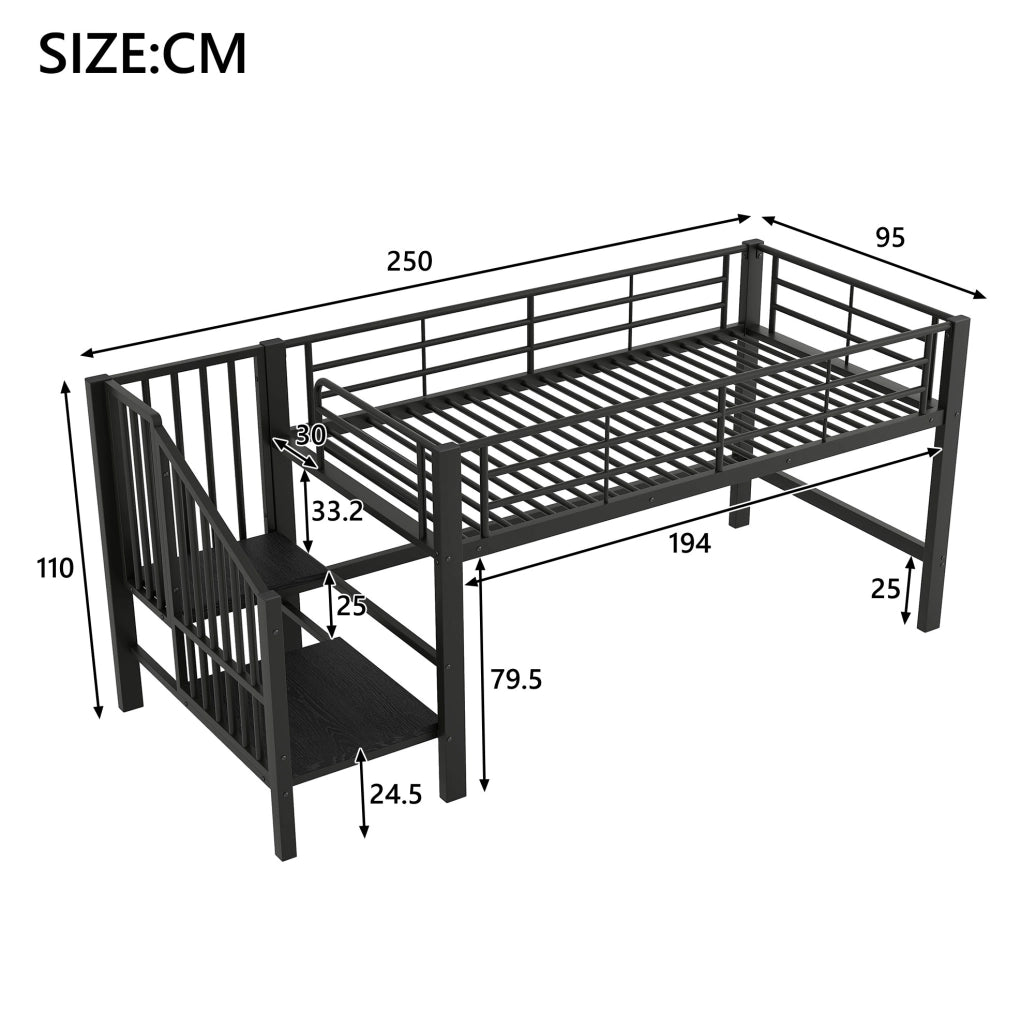 Letto a soppalco basso 90x200 cm con scala contenitore; nero