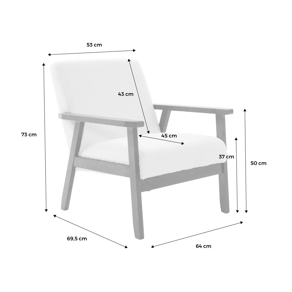 Poltrona scandinava bouclé in legno di hevea tinto noce chiaro, crema