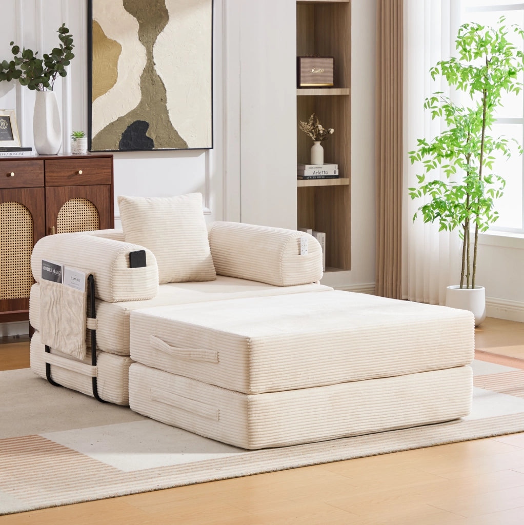 Divano modulare in corduroy beige con pouf, cuscino e tasca laterale