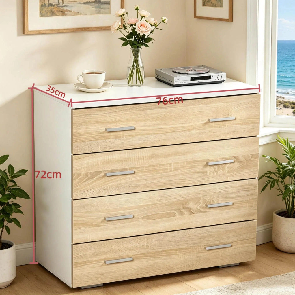 Cassettiera 4 cassetti bianco e legno chiaro 76x35x72 cm