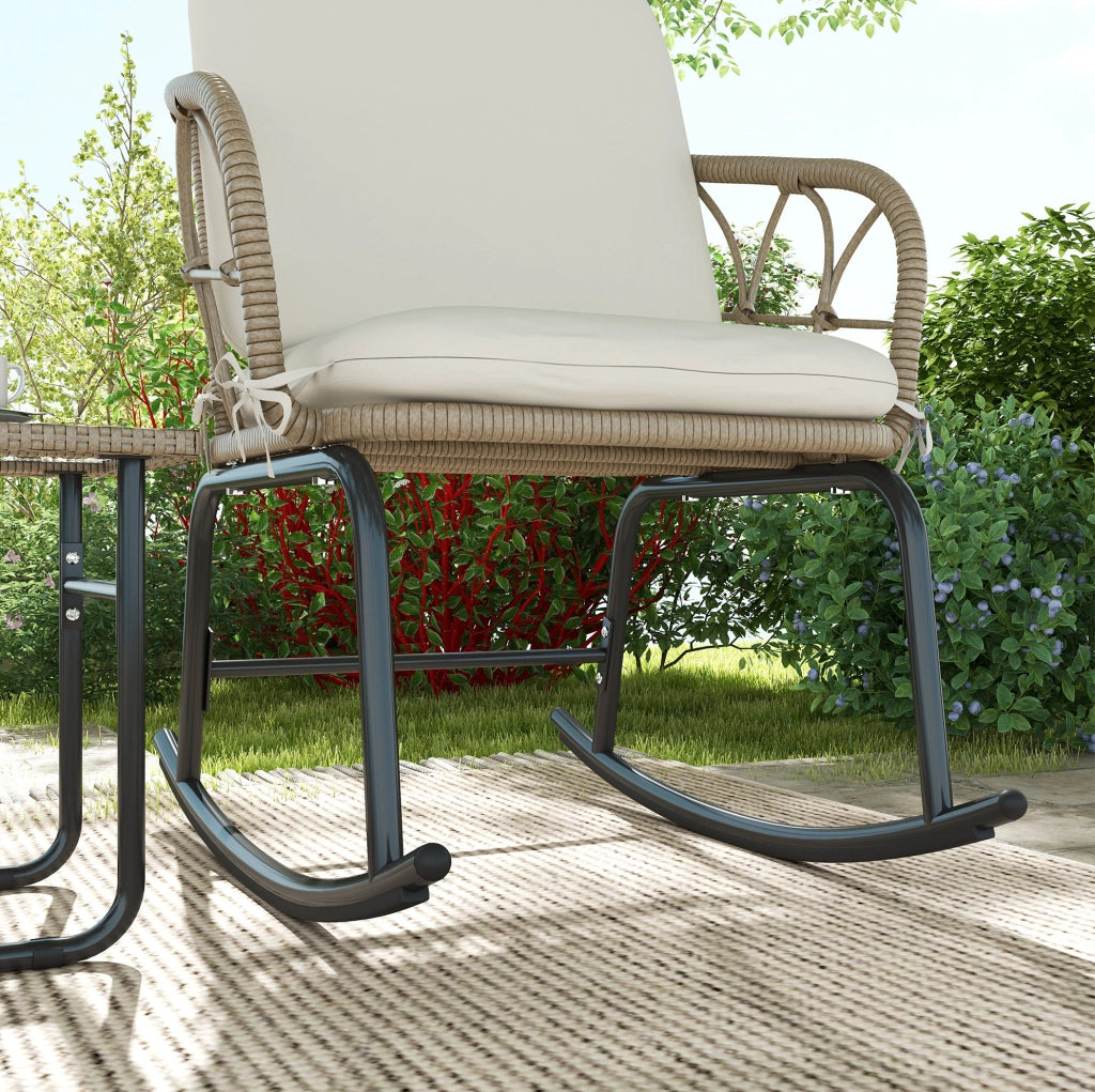 Set da giardino in rattan 3 pezzi con 2 sedie a dondolo e tavolino con cuscini, per terrazza e balcone