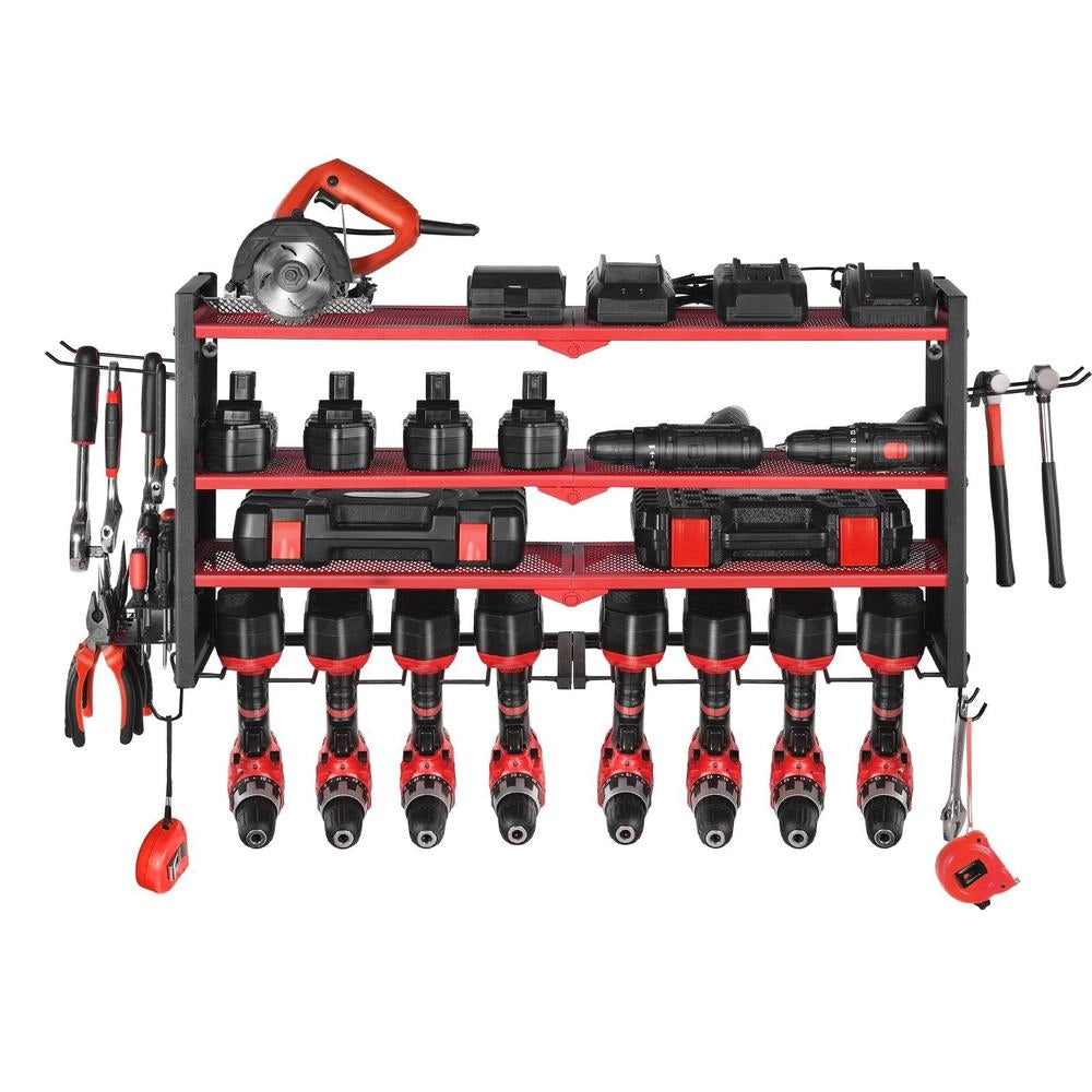 Scaffale Parete Utensili Elettrici 4 Livelli 8 Supporti Trapano Pannelli Forati Garage Officina Portaoggetti