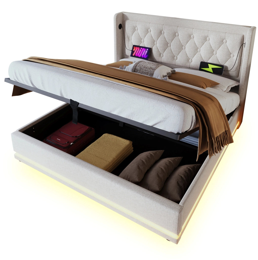 Letto matrimoniale 160x200 cm con contenitore; LED e USB Type-C; imbottito beige in cotone