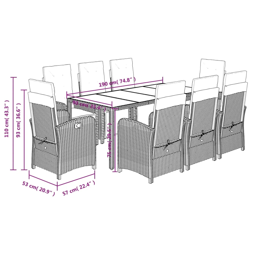 Set da Pranzo da Giardino 9 pz con Cuscini in Polyrattan Grigio 3212467