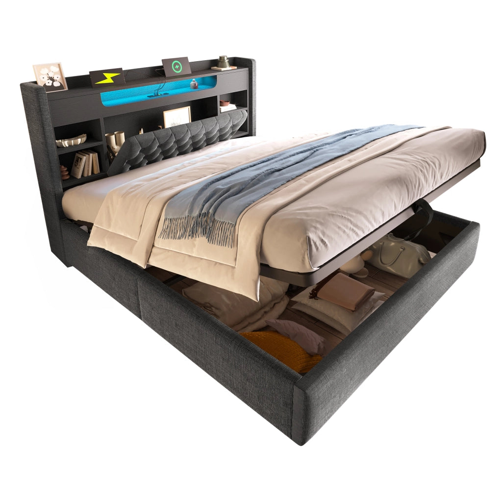 Letto contenitore 180×200 cm con LED; USB; USB-C e vani; senza materasso; grigio