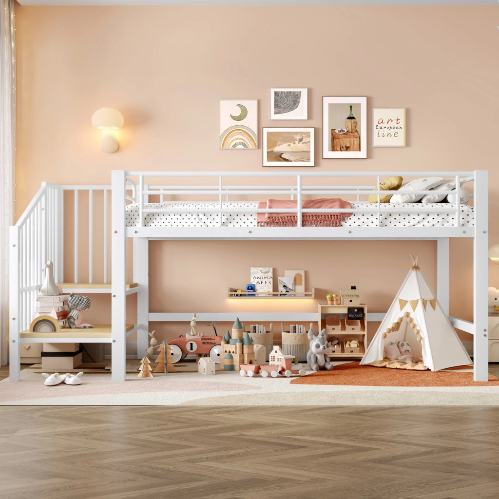 Letto a mezza altezza 90 x 200 cm con scala contenitore - Bianco