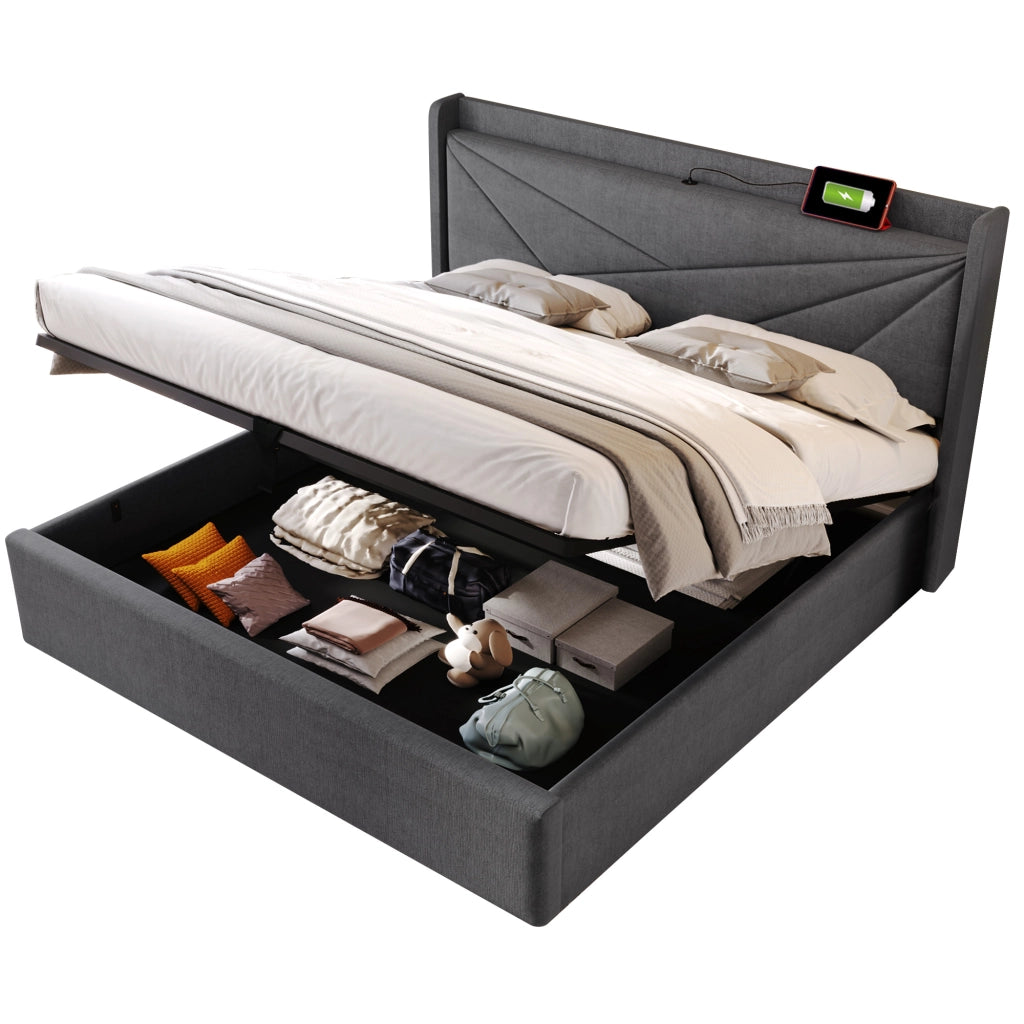 Letto matrimoniale contenitore 180x200 grigio con testiera USB e Tipo C