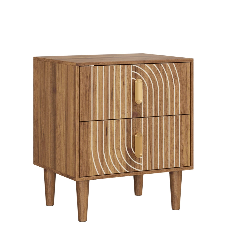 Comodino MDF noce con 2 cassetti e dettagli geometrici