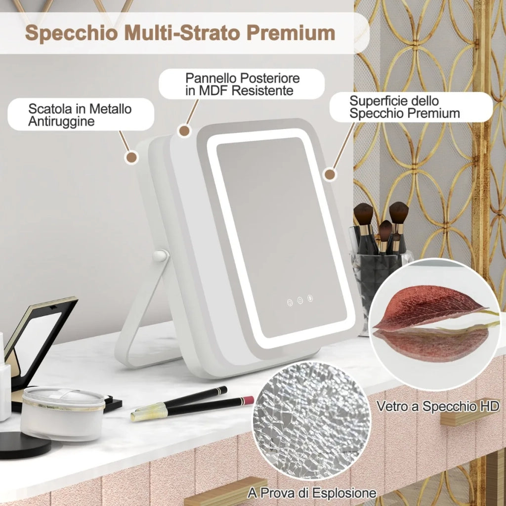 Specchio da Trucco LED con Controllo Touch 3 Colori di Luce Dimmerabile Rotazione 360 Gradi e Funzione Memoria Bianco
