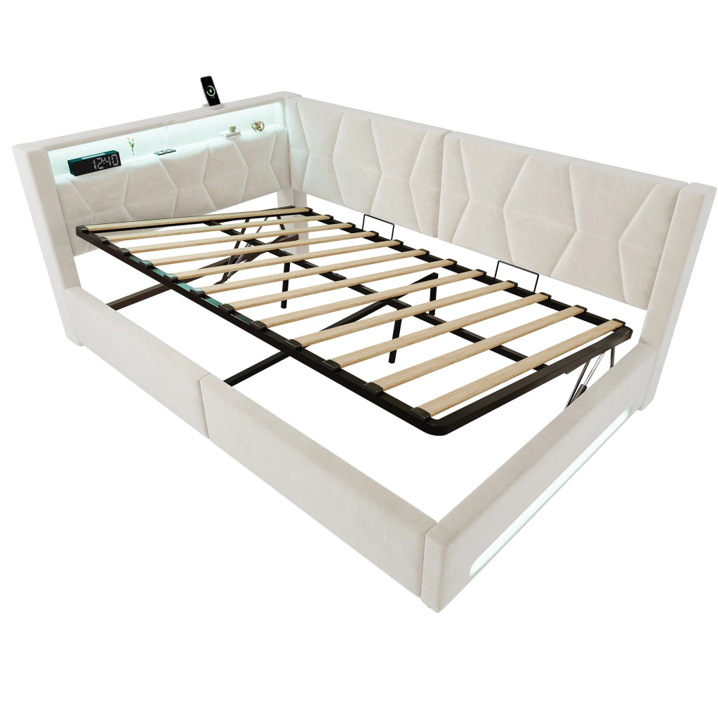Letto imbottito 140x200 cm in velluto beige con contenitore, LED, USB e Type-C