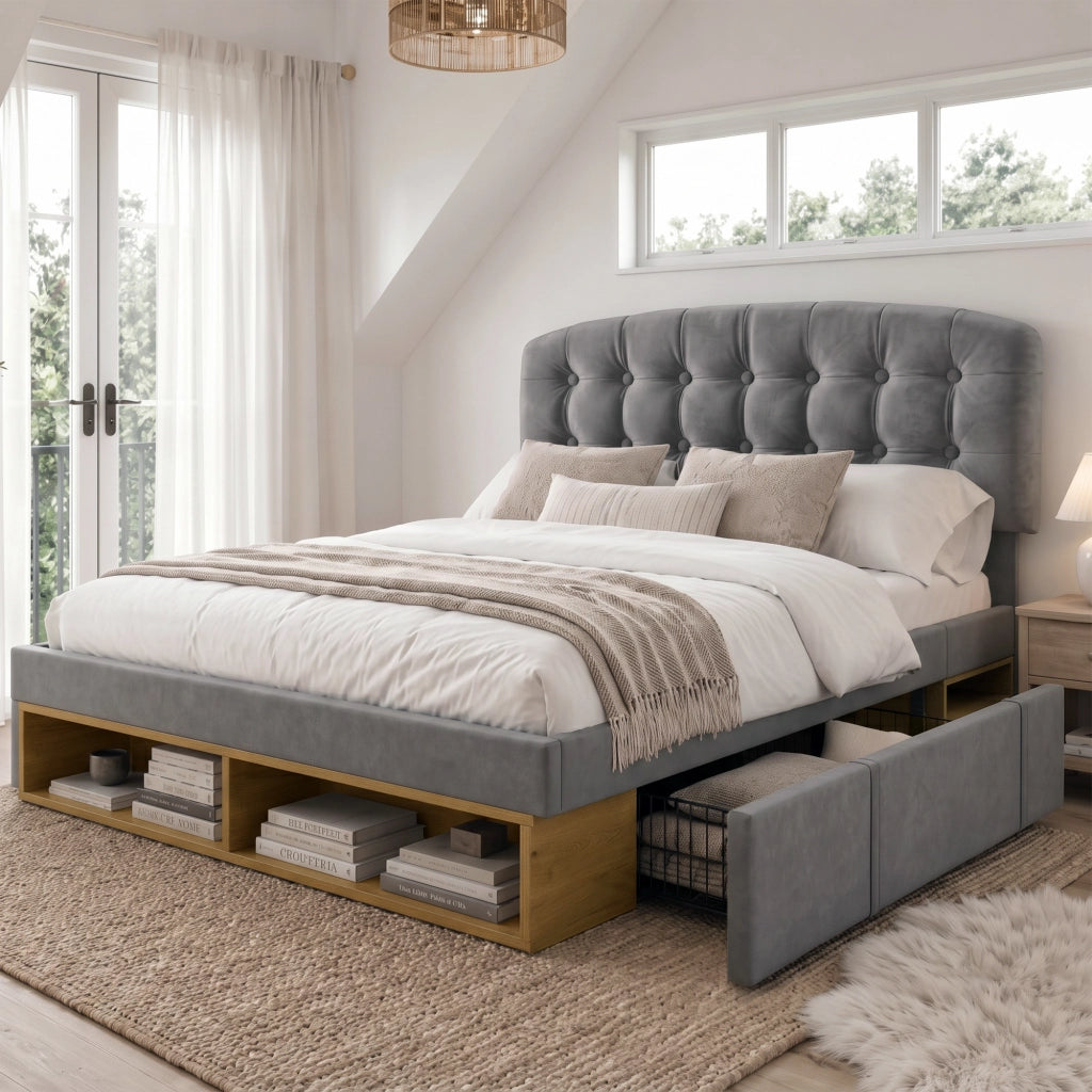 Letto imbottito 140x200 con cassetti grigio