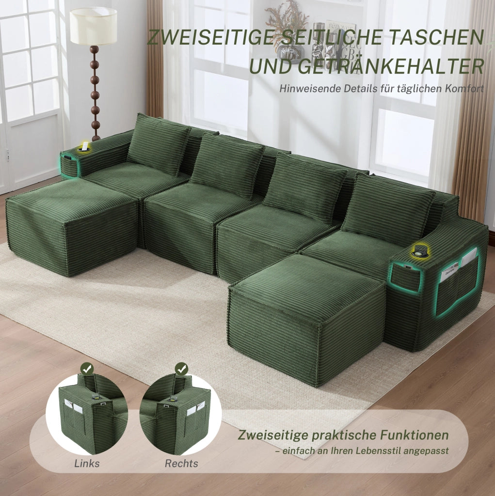 DIVANO modulare 4 posti in corduroy verde con 2 pouf