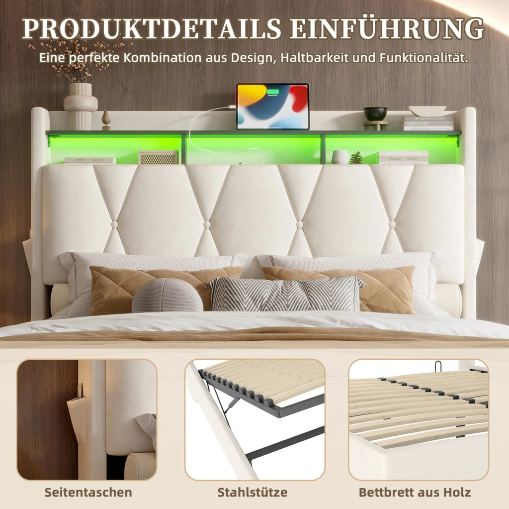 Letto matrimoniale 160x200 cm in velluto beige con LED, USB Type-C e contenitore