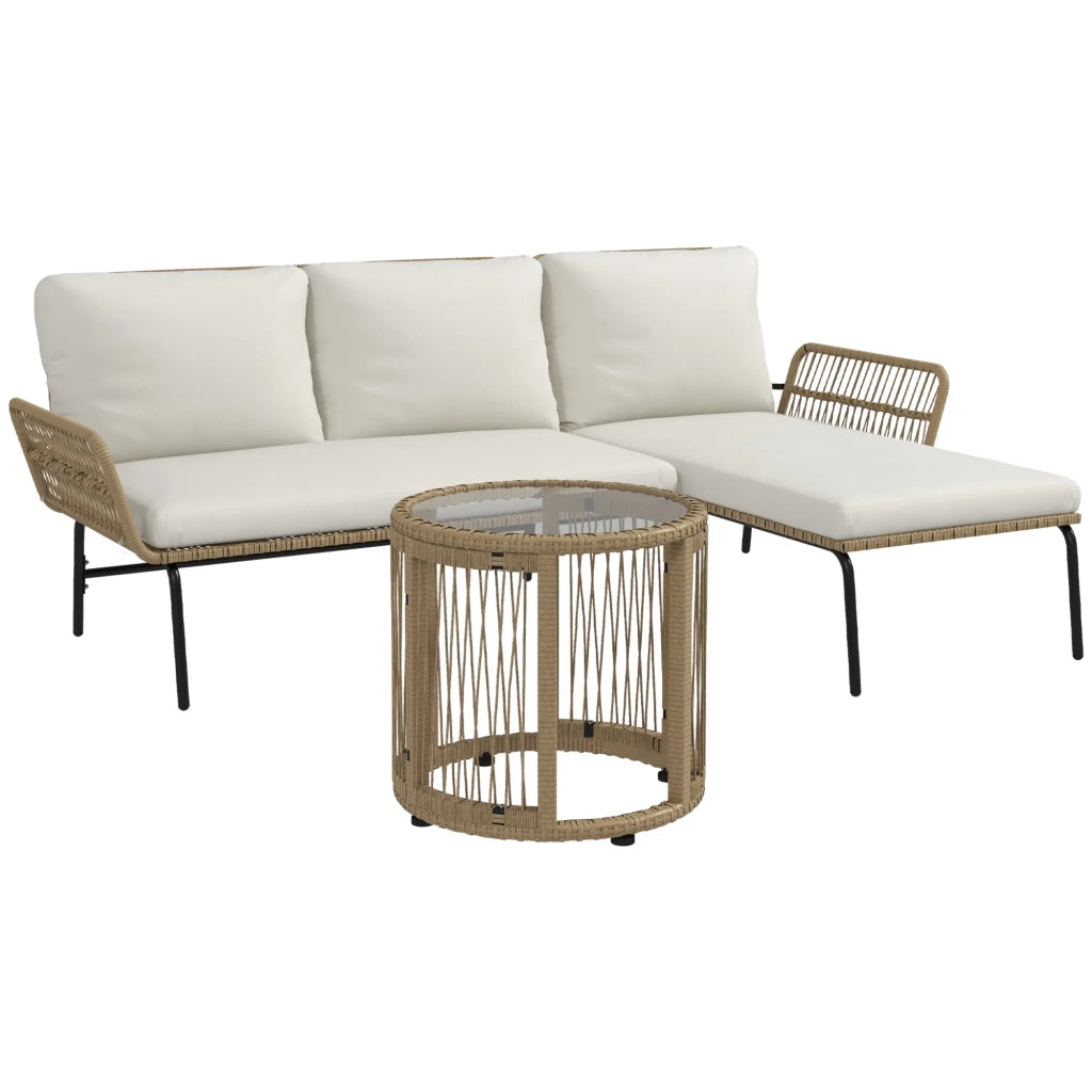 Set mobili da giardino in rattan con sdraio, tavolino, divano 2 posti e cuscini crema per terrazza e balcone