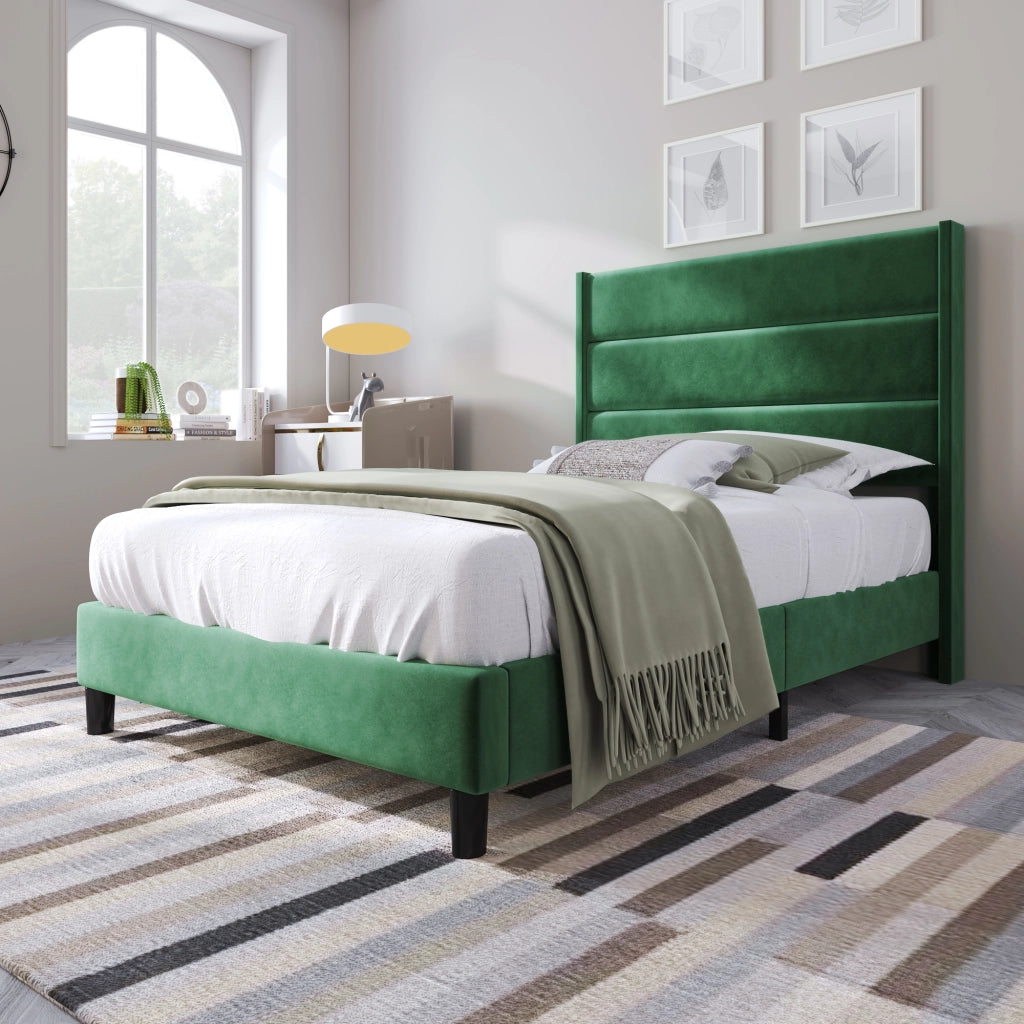 Letto singolo imbottito 90x200 cm in velluto verde scuro