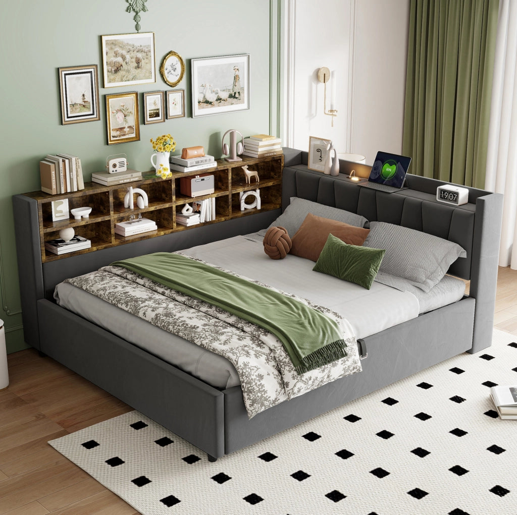 Letto imbottito 140x200 cm con contenitore, USB e luce notturna