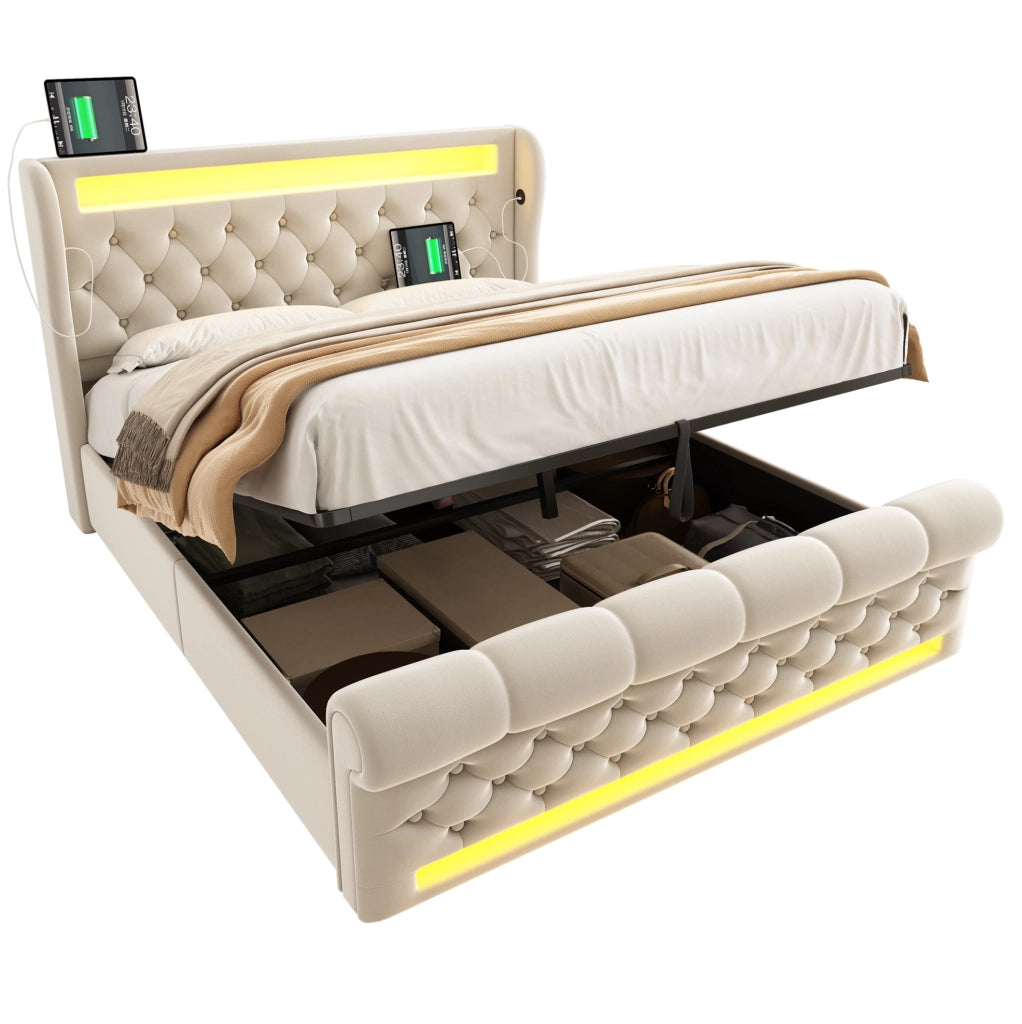Letto matrimoniale 160x200 con LED, USB-C e vano contenitore