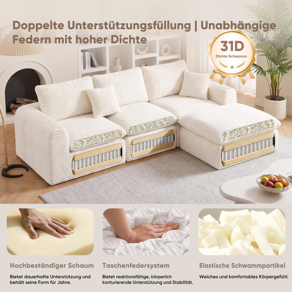 Divano d'angolo 3 posti 280 x 180 cm, 3 moduli, velluto a coste beige, schiuma e molle