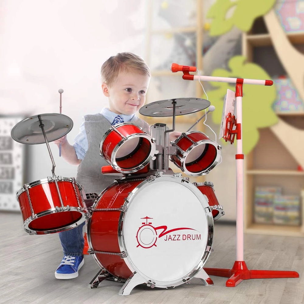 Batteria Musicale Giocattolo con Microfono Pianola Piatto DJ e Lettore MP3 Rosso