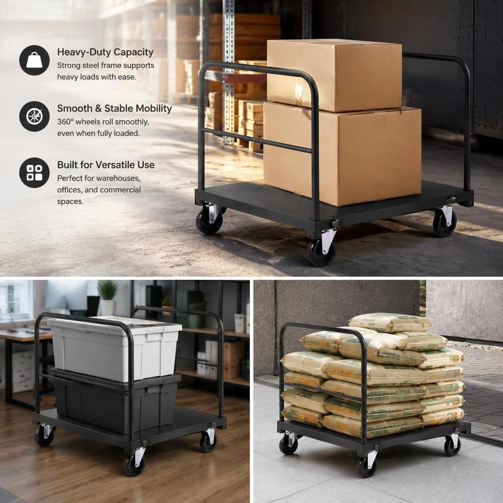 Panel Trolley, 816 Kg, 2-in-1 Transport Trolley With 360° Swivel Casters, Panel Dolly, Panel Cart With 4 Side Handrails, Transport Aid For Factory, Warehouse, Garage, Black 914x610x858 Mm