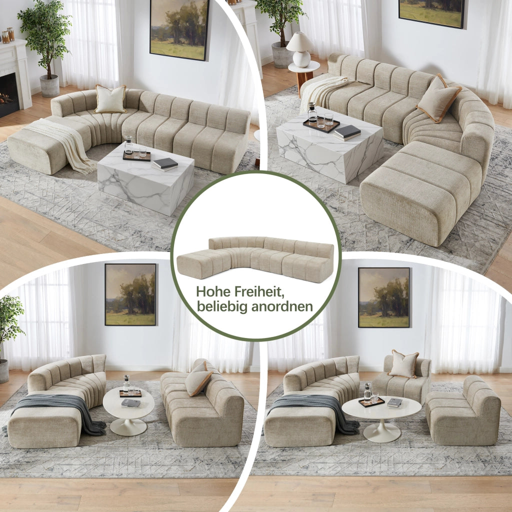 Divano angolare modulare a 4 posti in chenille marrone con moduli combinabili e seduta versatile per salotto