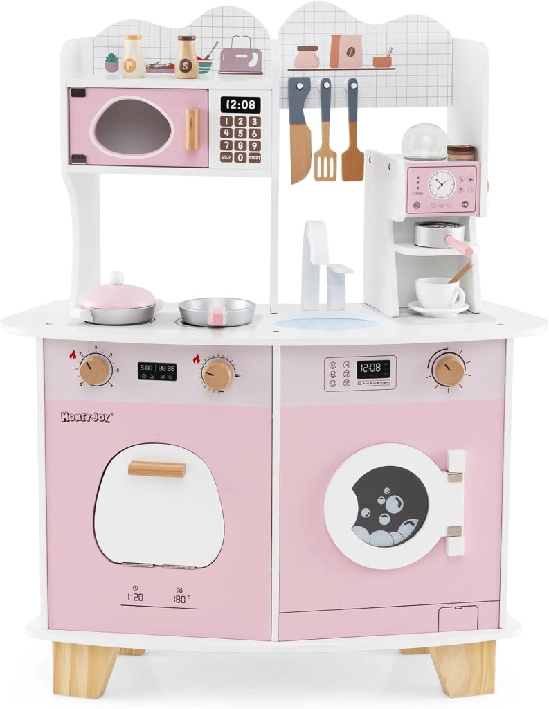 Cucina Giocattolo con Macchina da Caffè, Forno e Lavatrice, Cucina per Bambini in Legno con Microonde e Lavandino, Set Cucina con 13 Accessori, 70 x 30 x 88 cm, per Bambini 3+ Anni