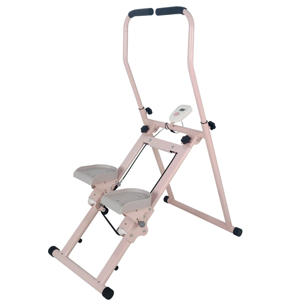 Stepper pieghevole verticale per cardio e allenamento totale, con manubrio, rosa e bianco