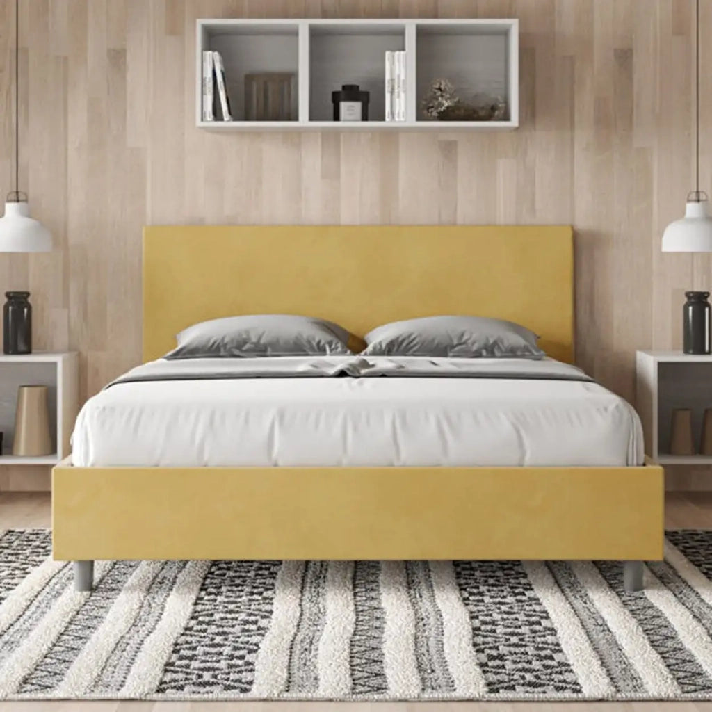 Letto matrimoniale senza rete imbottito 160x210 microfibra ocra Adele