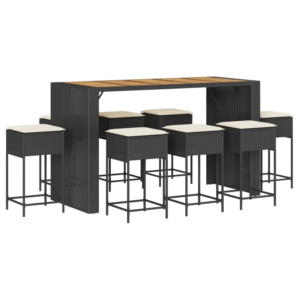Set Bar da Giardino 9 pz con Cuscini in Polyrattan Nero 3261519