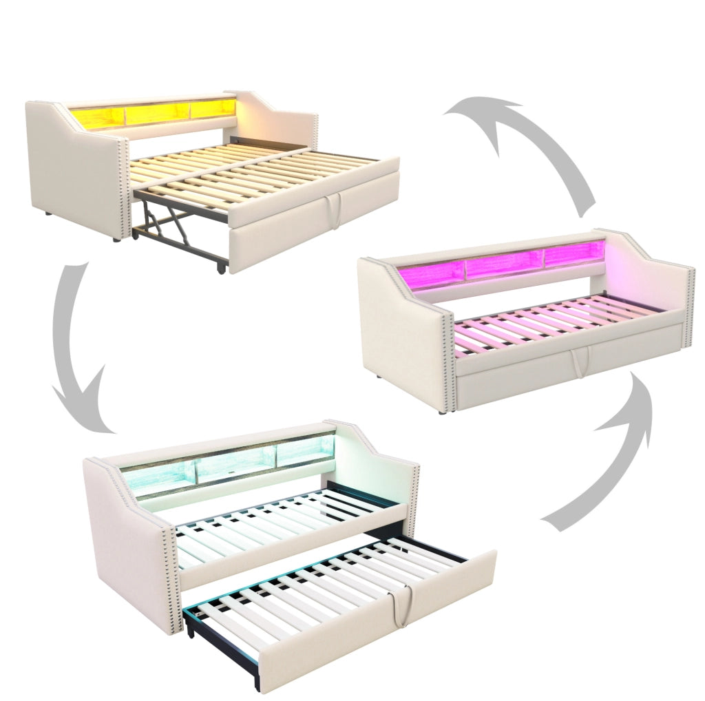 Divano letto estraibile imbottito 90/180x190 cm beige con LED USB