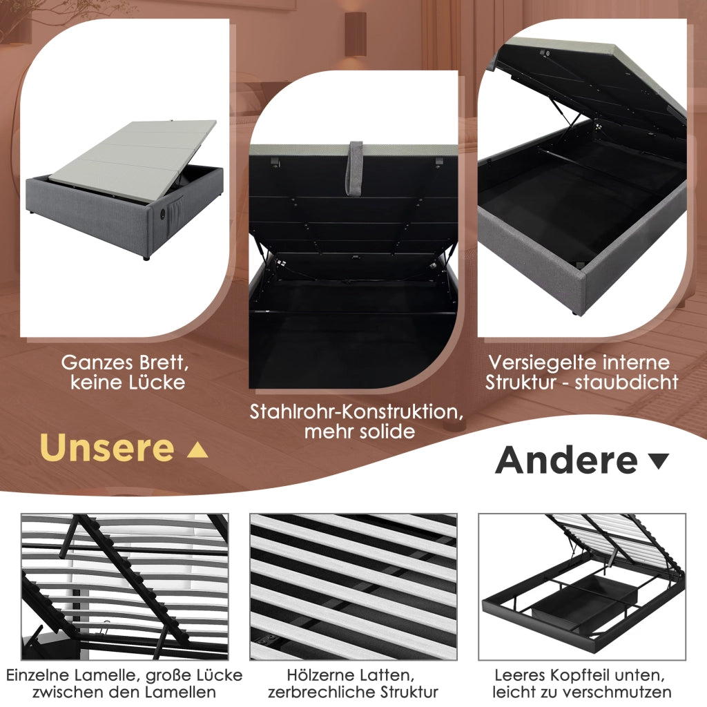 Letto imbottito con contenitore e USB-C, 160x200 cm, cotone grigio
