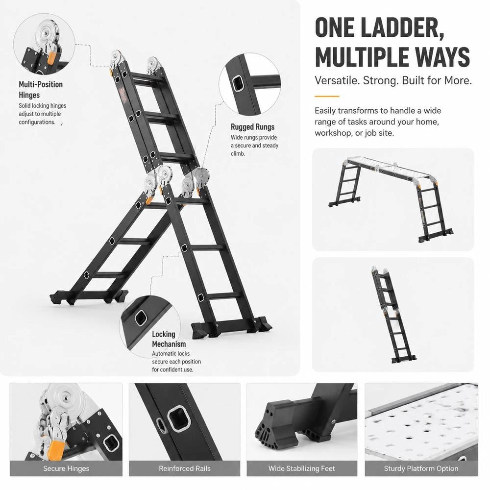 Multi-purpose Ladder, 7-in-1 Multi-functional Ladder, A-frame With 3 Steps And Scaffold Board, Telescopic Ladder, Ladder Frame 3550 Mm, Robust Ladder, 150 Kg Load Capacity, For Outdoor Use At Home