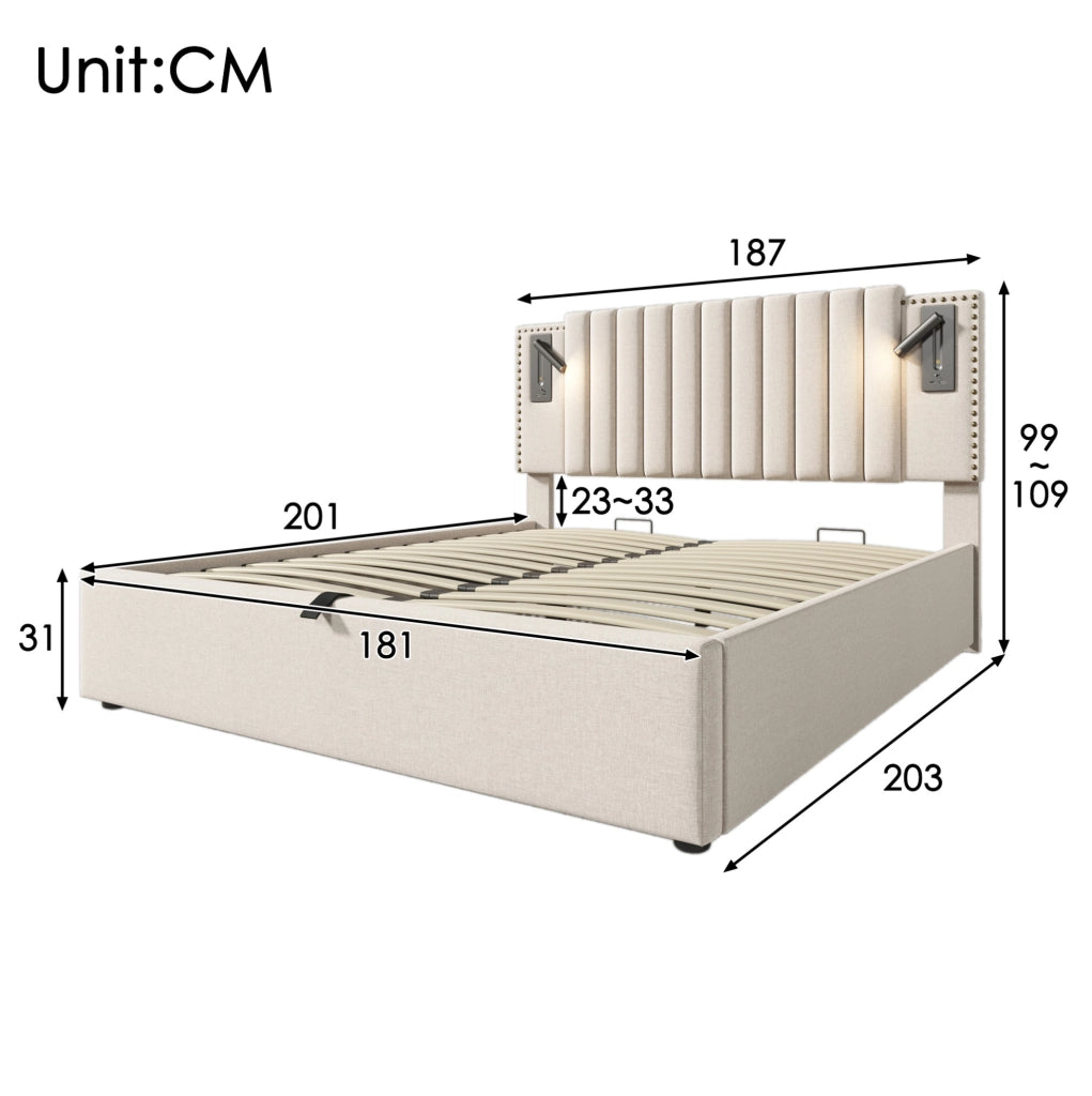 Letto matrimoniale contenitore 180x200 beige con USB e luce