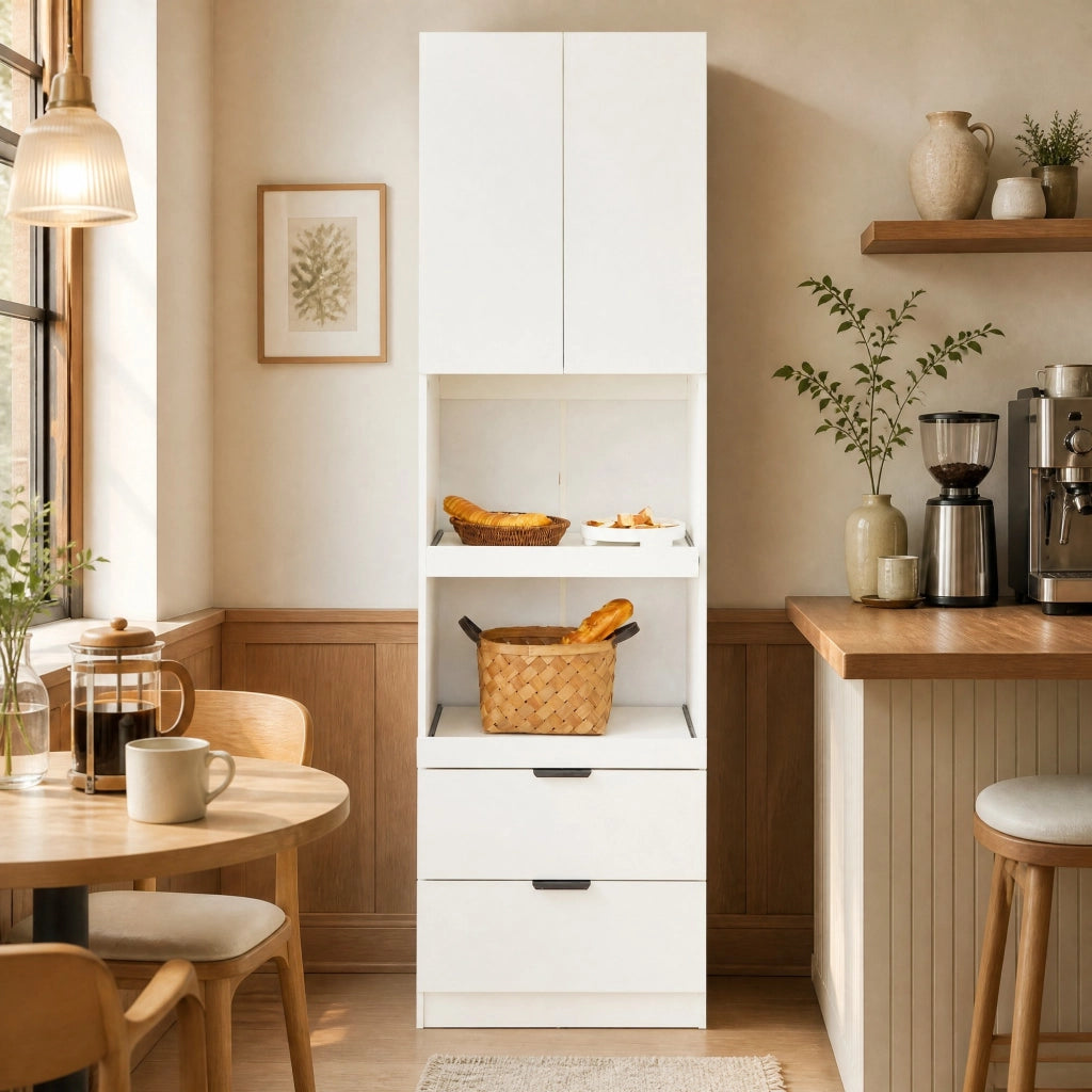 Mobile dispensa da cucina 200 cm con 2 cassetti e vani aperti; bianco