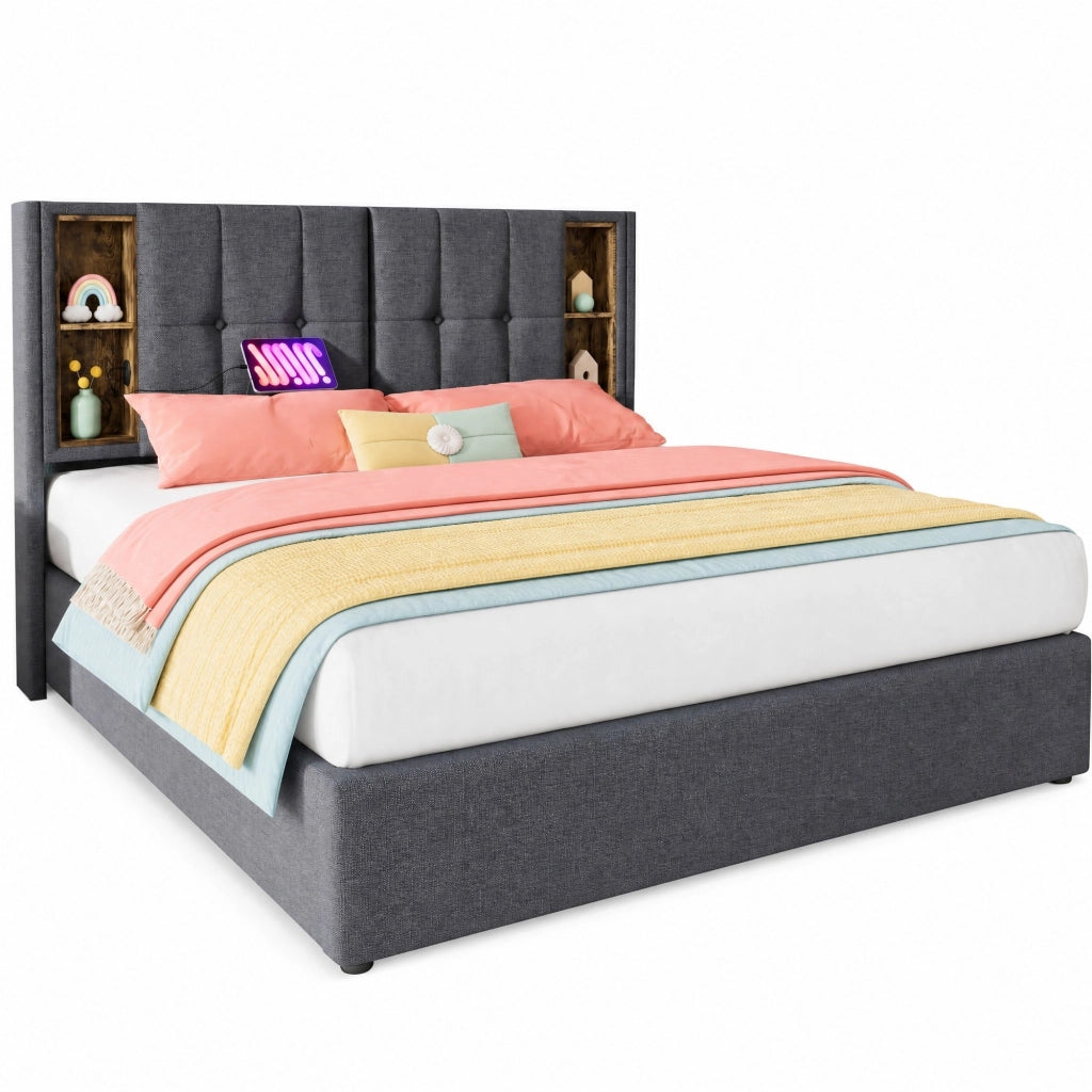 Letto matrimoniale con ricarica wireless, USB e ampio spazio contenitivo
