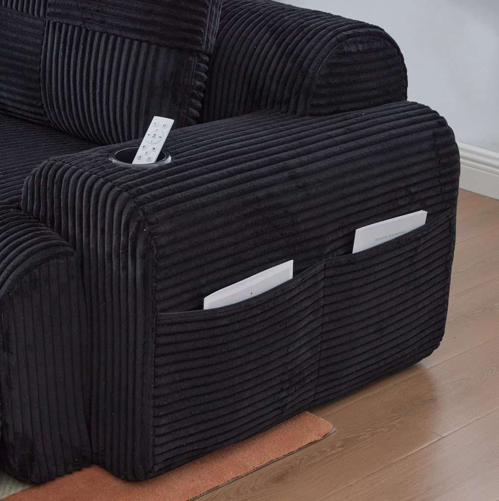 Divano modulare 2 posti in corduroy nero con portabicchieri e tasca laterale