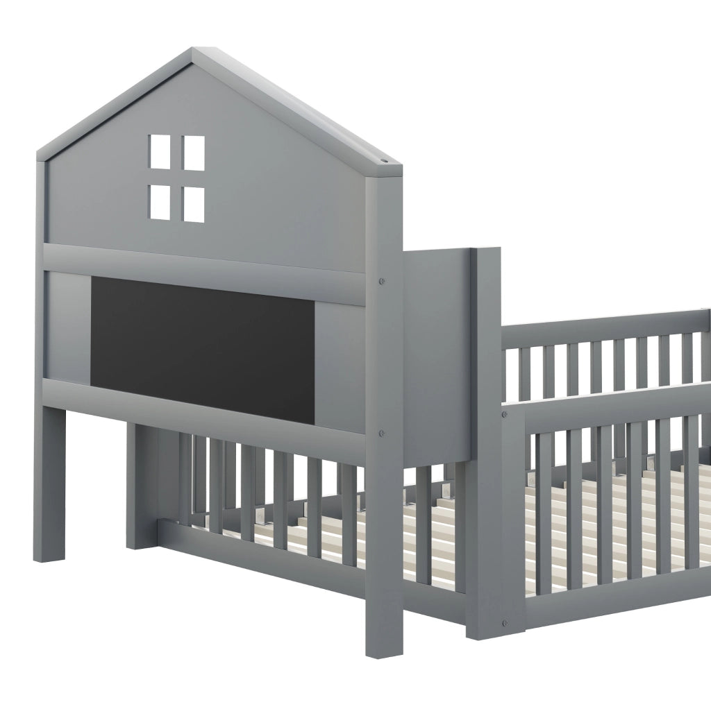 Letto per bambini 90x200 cm a casetta con protezione, ripiani e lavagna grigio