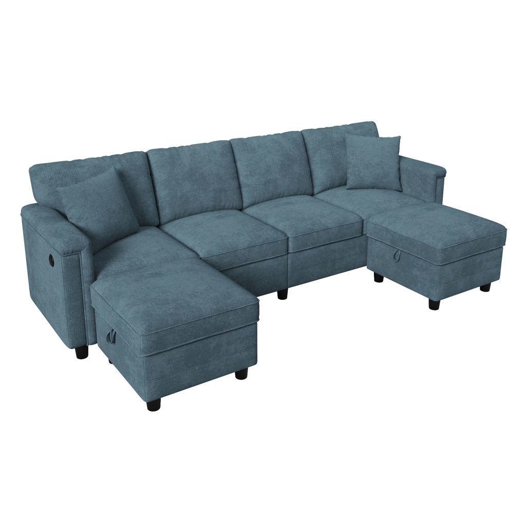 Divano modulare blu in ciniglia 261x134x82 cm con 2 pouf contenitore; USB e Type-C