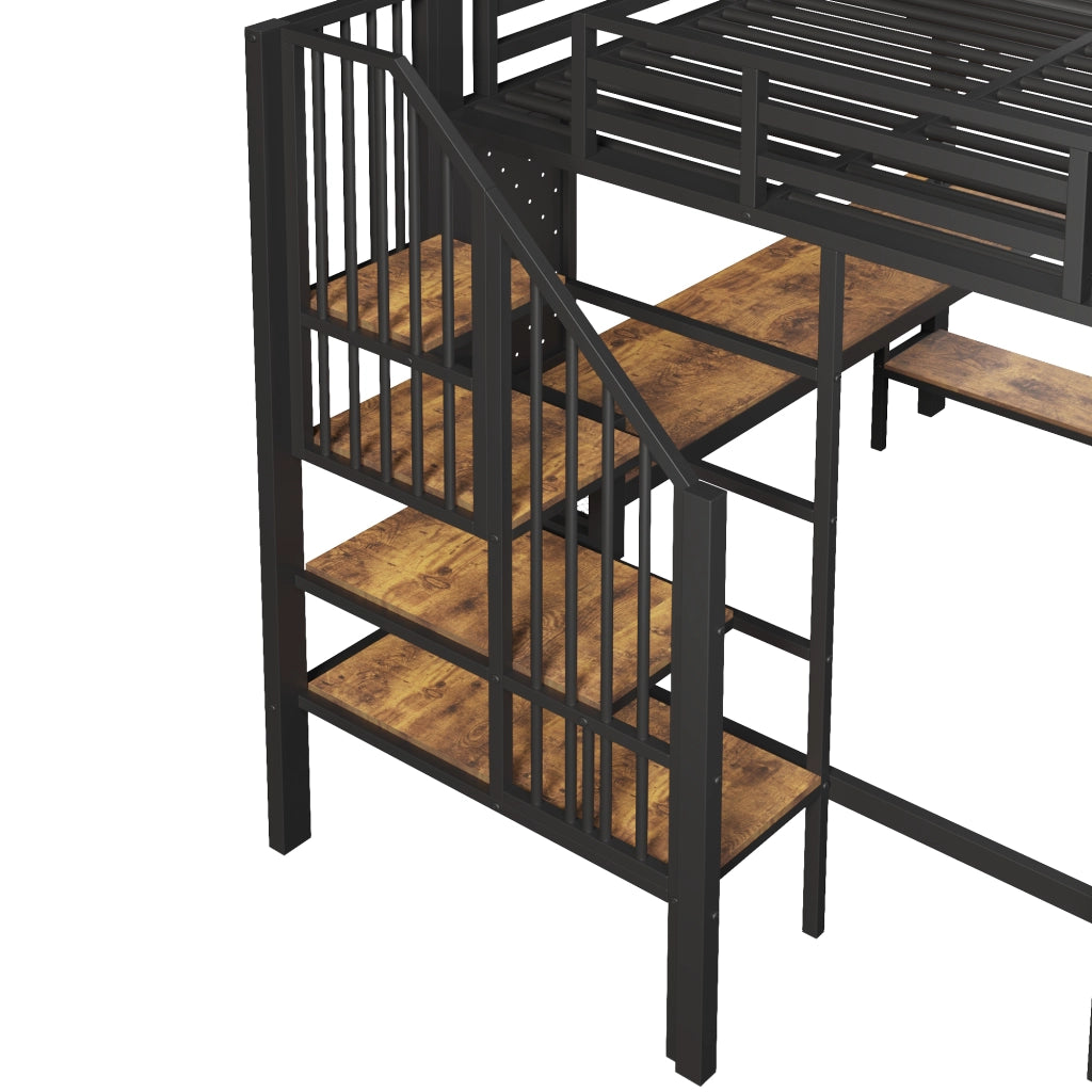 Letto a soppalco 90x200 cm con scrivania angolare; marrone e nero