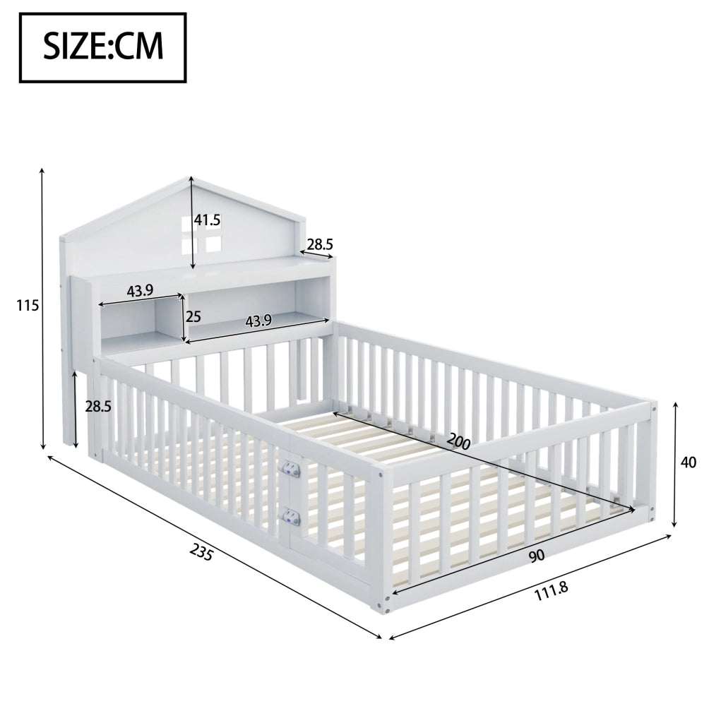 Letto per bambini 90x200 cm a casetta con lavagna, ripiani e barriera bianco