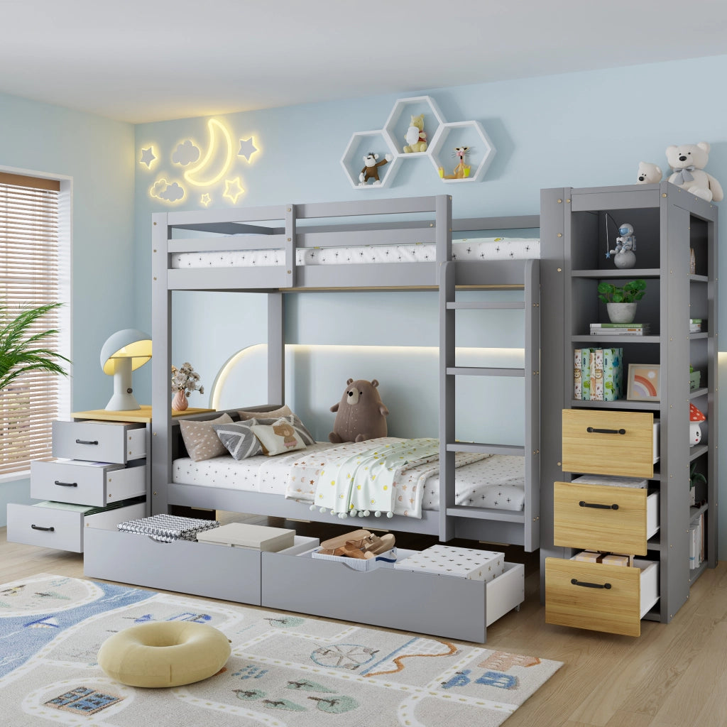Letto a castello 90x200 cm grigio con cassetti; ripiani laterali e comodino separato