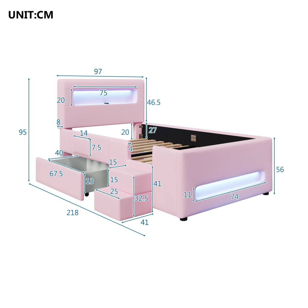 Letto con cassetti 90 × 200 cm imbottito con scala e LED in PU e MDF rosa