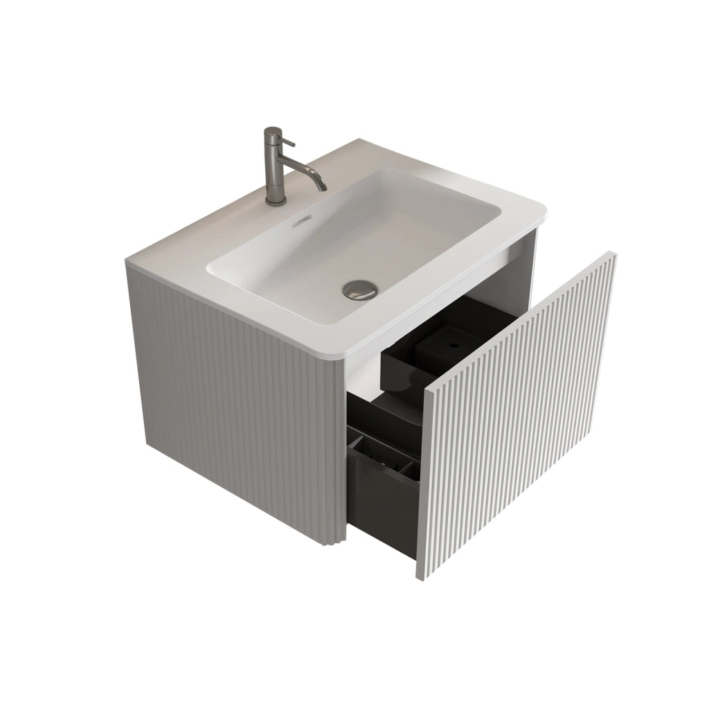 Mobile bagno sospeso 60 cm con lavabo in Solid Surface, MDF e compensato bianco