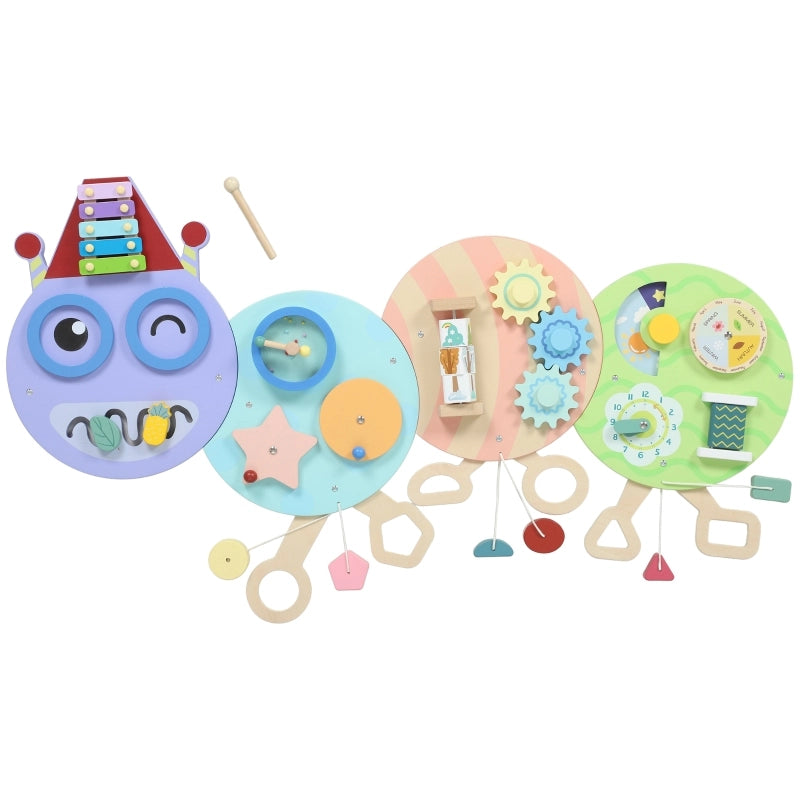 Gioco da parete 7-in-1 in MDF, design bruco, 108 cm, multicolore, con xilofono e ingranaggi